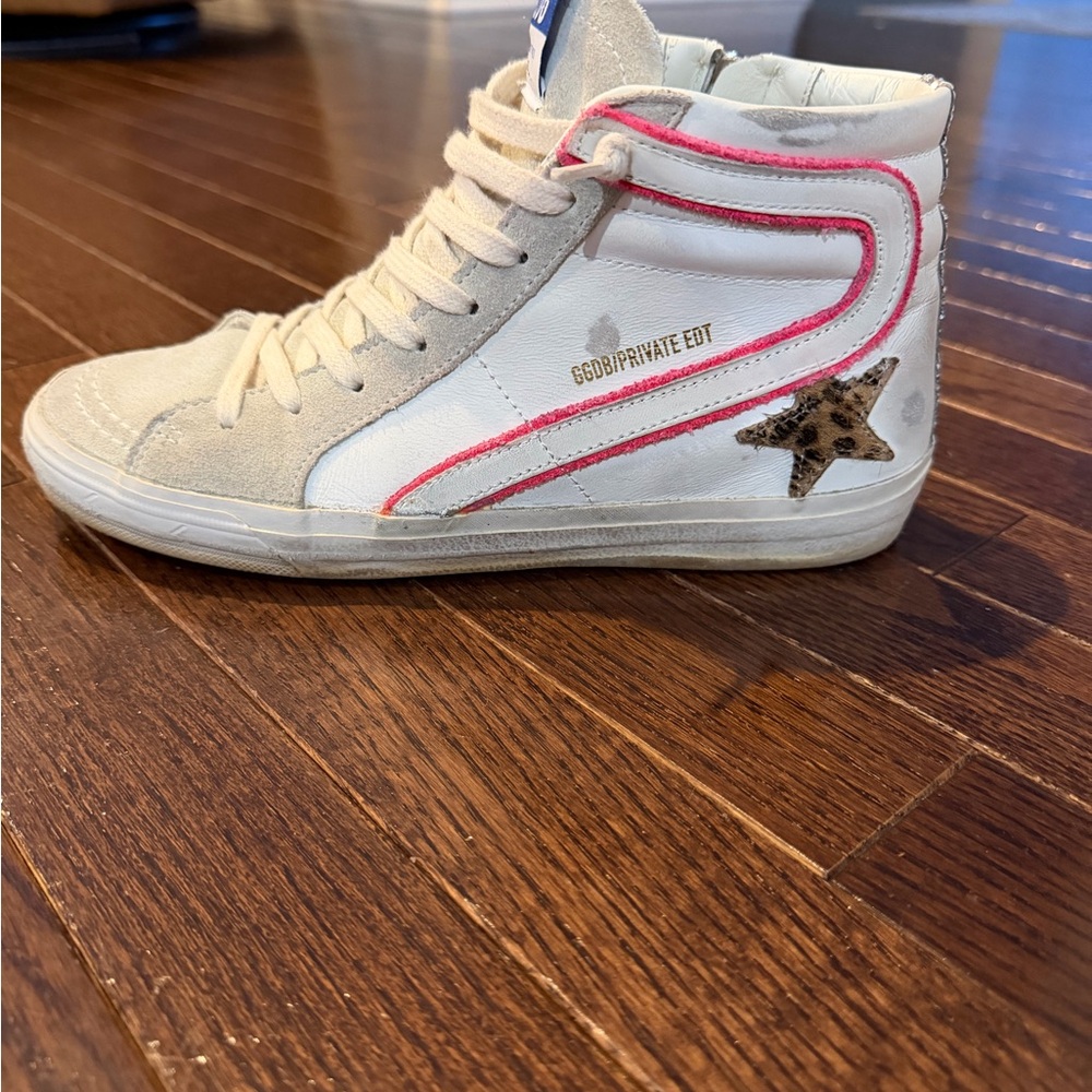 Golden Goose Slide Classic High-Top Sneakers with Pink Stripe and Leopard Star
